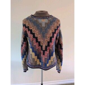 Hand Knit Sweater Crazy Quilt Intarsia Artsy Chevron Size Med Kilim Geometric